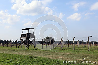 A guard post at the Nazi concentration camp of Auschwitz Birkenau Editorial Stock Photo